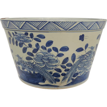 Planter Vase Flower Bird Basin Blue White Ceramic