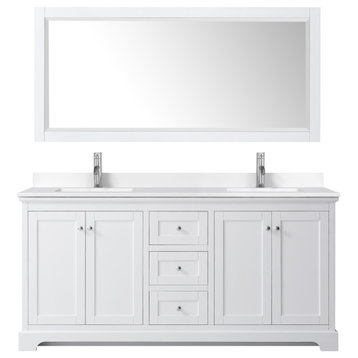 Avery 72" Double Vanity, White, White Cultured Marble Top, Sinks, 70" Mirror