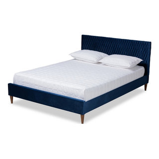 Elegant Royal Blue Velvet Fabric Upholstered Full Size Bed