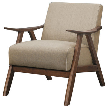 Fabric Upholstered Accent Chair With Curved Armrests, Light Brown
