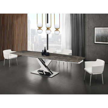 X Base Manual Dining Table with Stainless Base and Brown Marbled Porcelain Top