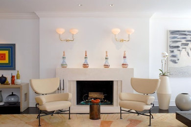 This is an example of a mid-sized contemporary formal open concept living room in Chicago with white walls, dark hardwood floors, a standard fireplace and a stone fireplace surround.