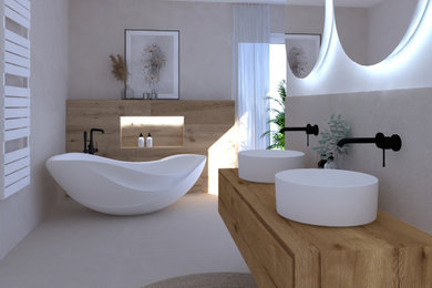 Großes Bad mit Holzelementen mit separierter Toilette und Bidet