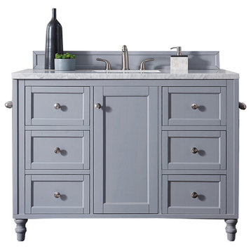 48 Inch Single Sink Bath Vanity, Gray, Carerra Marble Top, Outlets, Transitional