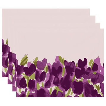 Tulip Blossom Garden Floral Print Placemats, Set of 4, Purple, 18"x14"