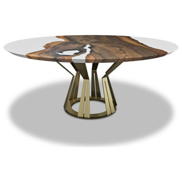 Atalante Walnut Round Table, White Top & Bronze Base, 2 Seater