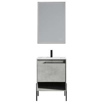 Freestanding Bathroom Vanity Set, Open Shelf, Plain Cement, 24'' With Ceramic Sink