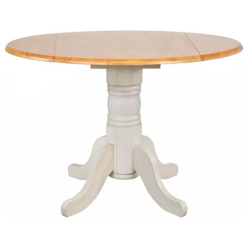 Oakley 42" Round Extending Drop Leaf Pedestal Dining Table in Off White/Oak Wood