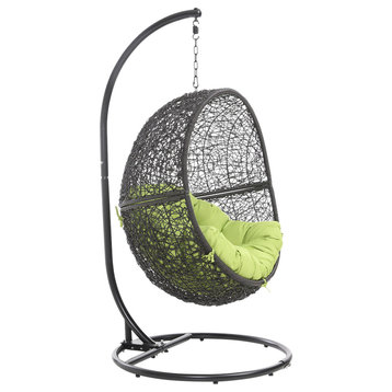 Modern Outdoor Shore Swing Chair with Stand Black Basket Lime Green Cushion