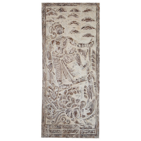 Consigned Vintage Whitewashed Krishna Wall Art Hand-carved Wood Wall Panel