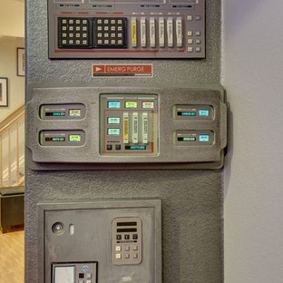 Photo of a medium sized traditional look-out basement in Denver with beige walls, lino flooring and purple floors.