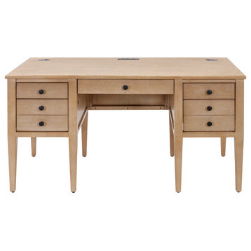 Modern Wood Half Pedestal Desk, Wood Office Desk, Fully Assembled, Light Brown