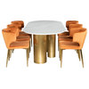 Balmain White Stone Top Oval Dining Table Set for 6, Burnt Orange