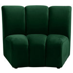 Meridian Furniture - Infinity Channel Tufted Velvet Modular Chair, Green, 1 Piece - Create a seating group that works for every possible situation with this Infinity modular chair and other pieces in the Infinity collection. Upholstered in soft green velvet material that feels great against the skin and offers long-wearing beauty, this piece fits with other Infinity items for an infinite number of combinations that get your seating requirements just right but that look just as nice when used on their own.