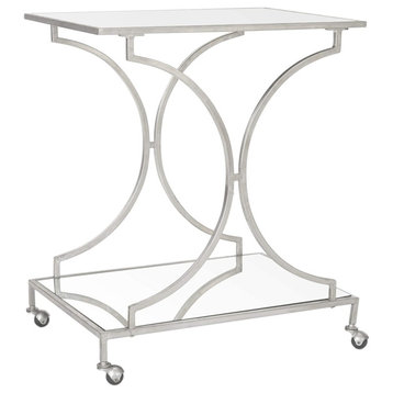 Elegant Bar Cart, Curved Metal Frame With Mirrored Glass Top & Shelf, Silver