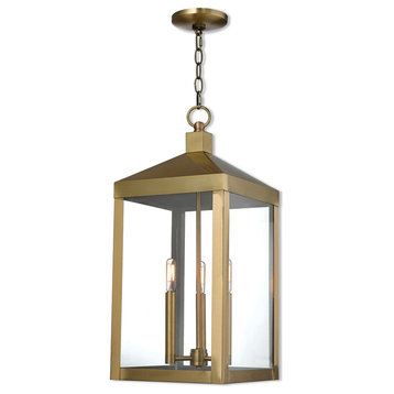 3 Light Outdoor Pendant Lantern, Antique Brass