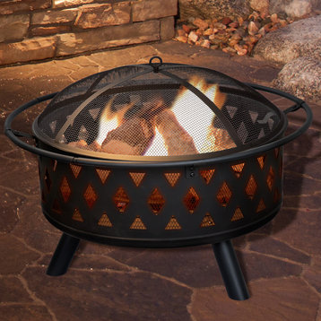 Pure Garden 32 Inch Round Crossweave Firepit With Cover, Black
