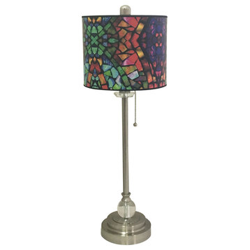28" Crystal Buffet Lamp With Mosaic Stained Glass Shade, Brushed Nickel, Single