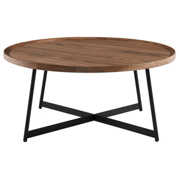 35" Black And Walnut Manufactured Wood Round Coffee Table, Walnut, Black