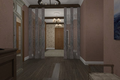 Diseño de recibidores y pasillos tradicionales de tamaño medio con paredes púrpuras, suelo de madera en tonos medios y suelo marrón