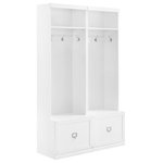 Crosley Furniture - Harper 2-Piece Entryway Set, White 2 Hall Trees - Tame your tumultuous entryway with the Harper 2pc Entryway Set. Comprised of two slim hall trees side by side, this set is a home organization dream. A total of eight classic double hooks will provide hanging storage for coats, hats, and book bags. Two full-extension storage drawers with label holder hardware can be customized with personal labels. The two upper shelves are ideal for small storage baskets to hold your wallet and keys. The Harper 2pc Entryway Set pairs modularly with other items in the collection creating the look of genuine built-in storage.
