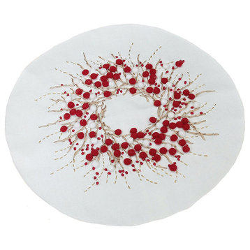 Handmade Holiday Berry Wreath Ribbon/Pom Pom Double Layer Round Placemat