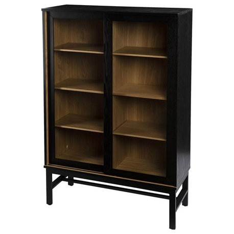 Maklaine Farmhouse Engineered Wooden Curio Cabinet in Black and Natural