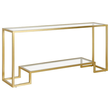 Modern Console Table, Geometric Frame With Large Glass Top & Shelf, Gold