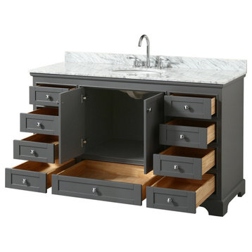 60" Single Bathroom Vanity, Dark Gray, White Marble top, Oval Sink