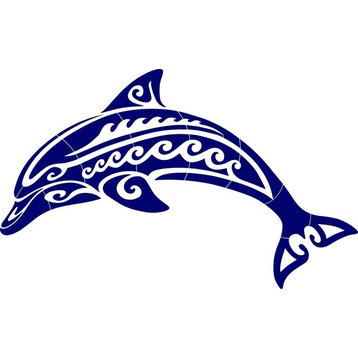 Tribal Dolphin Porcelain Swimming Pool Mosaic 36"x20", Blue