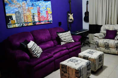 This is an example of a contemporary living room with a music area, purple walls and a wall-mounted tv.