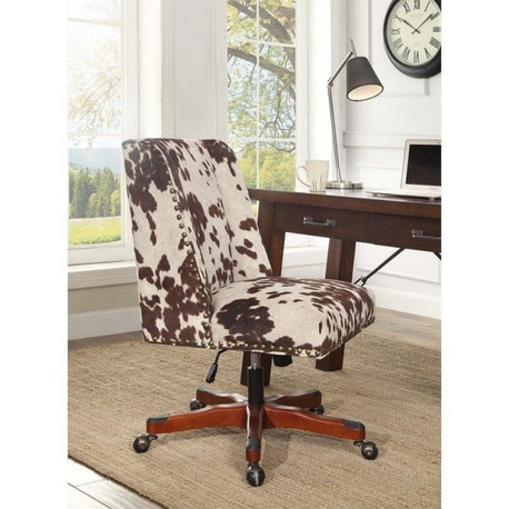 Linon Draper Wood Base Upholstered Rolling Office Chair in Brown Cow Print