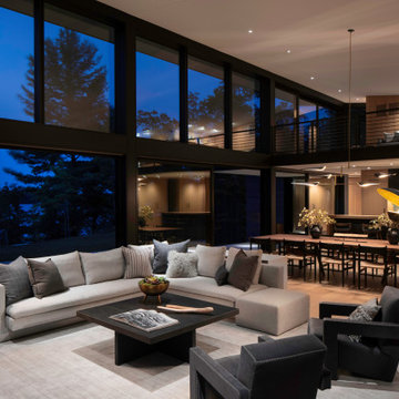 Modern Northwoods Residence Great Room at Night