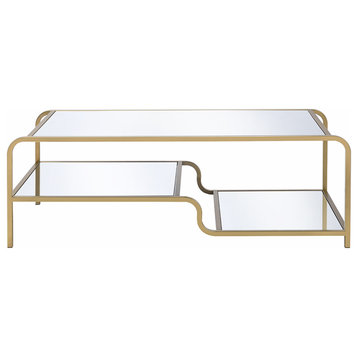 Metal Framed Mirror Coffee Table With Tiered Shelves, Gold And Mirror