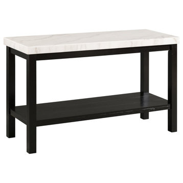 Contemporary Console Table, Black Acacia Wood Base With Shelf & White Marble Top