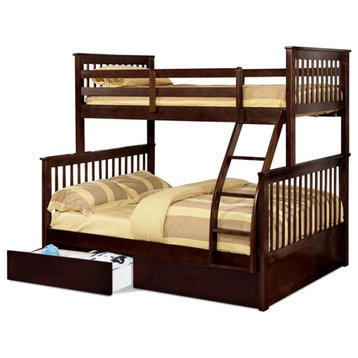 BEKids Traditional Wood Twin/Full Bunk Bed with 2 Drawers in Java Brown