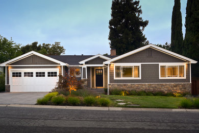 Photo of a mid-sized arts and crafts one-storey brown exterior in San Francisco with wood siding and a gable roof.