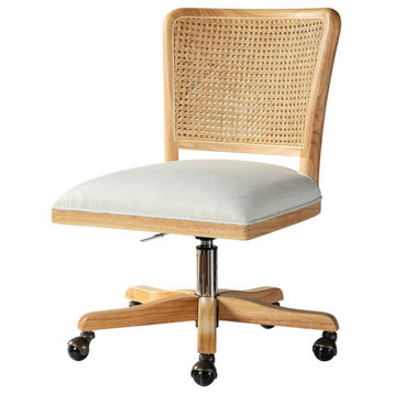 Swivel Upholstered Task Chair With Rattan Back, Linen