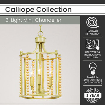Calliope 3-Light Mini Chandelier, Cream Metal Finish, Wood Beading, Hardwire