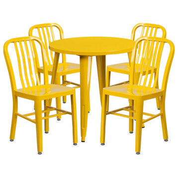 30'' Round Yellow Metal Indoor-Outdoor Table Set, 4 Vertical Slat Back Chairs