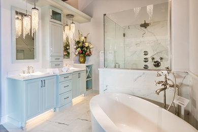 Inspiration for a transitional master bathroom in Chicago with raised-panel cabinets, green cabinets, a freestanding tub, an open shower, white tile, porcelain tile, white walls, porcelain floors, a drop-in sink and engineered quartz benchtops.