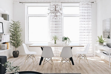 Inspiration for a mid-sized scandinavian light wood floor dining room remodel in Other with white walls and no fireplace