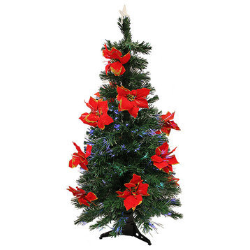 Pre-Lit Fiber Optic Artificial Christmas Tree With Red Poinsettias, Multi, 4'