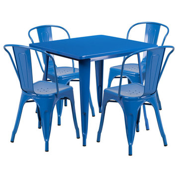 31.5'' Square Blue Metal Indoor-Outdoor Table Set With 4 Stack Chairs