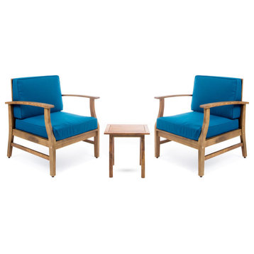 GDF Studio 3-Piece Pearl Outdoor Acacia Wood Chat Set With Cushions, Blue