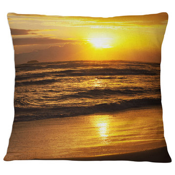 Bright Yellow Sunset over Dark Sea Beach Photo Throw Pillow, 18"x18"