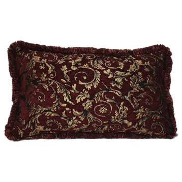 Burgundy and Gold Leaf Floral Chenille Pillow With Fringe, 12x17