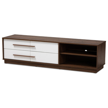Kaila Mid-Century Modern Two-Tone White and Walnut 4-Drawer Wood TV Stand