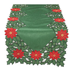 Xia Home Fashions - Holly Leaf Poinsettia Embroidered Cutwork Christmas Table Runner, 15"x72" - Table Runners