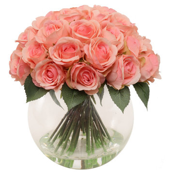 36 Pink Artificial Roses in Glass Vase - Elegant Home Decor